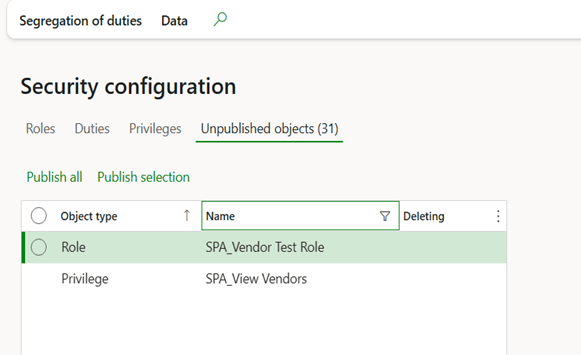 Segregation of duties Data SPA_Vendor test role